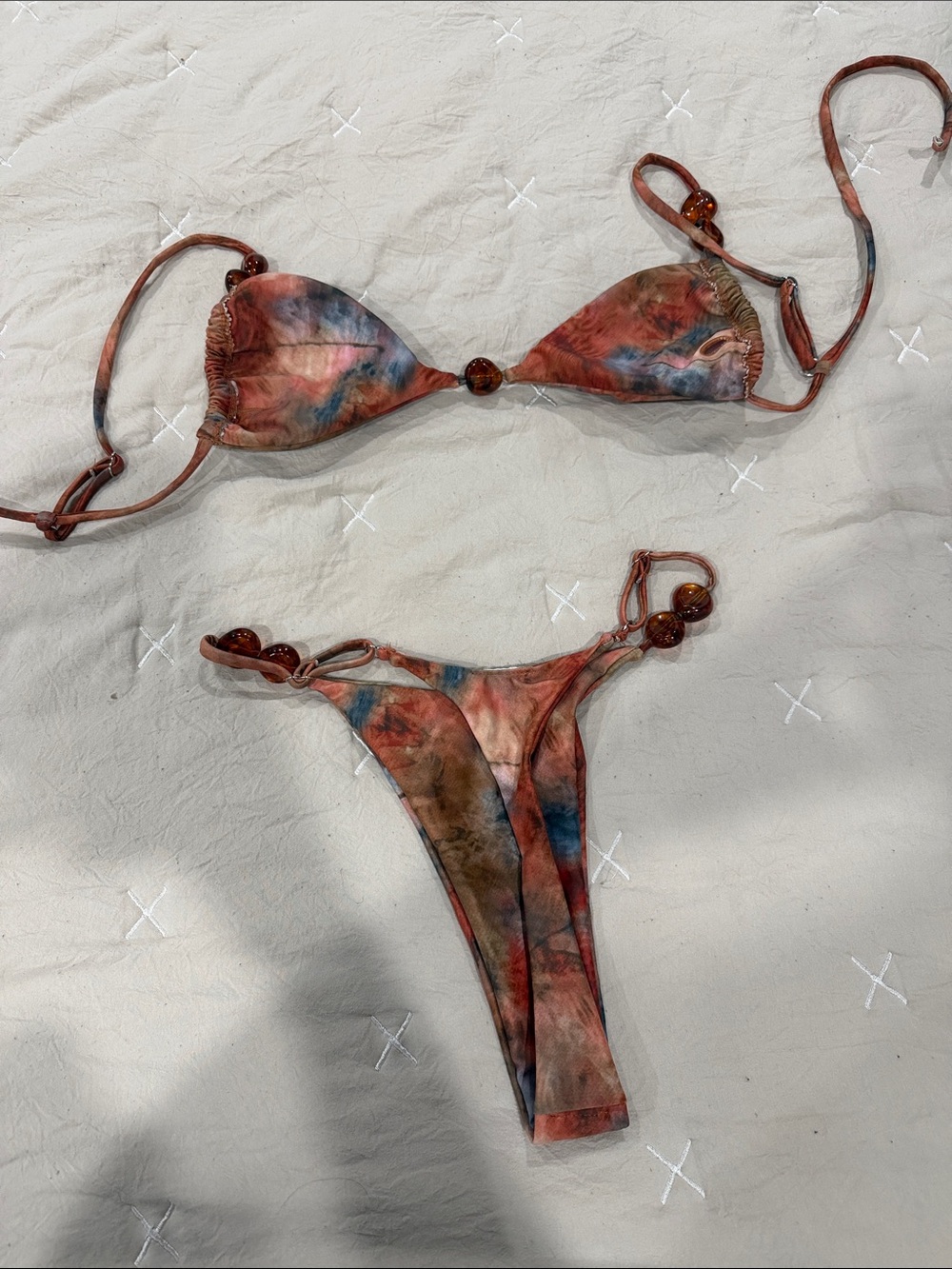 Tie-Dye Orange Blue Brown Beaded Triangle Bikini Set - Women Swim - Picture 2 of 3